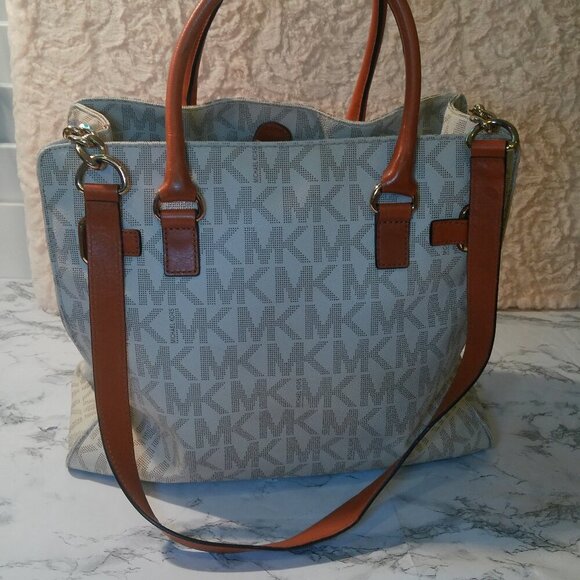 Michael Kors HAMILTON East West Tote Shoulder Bag VANILLA Canvas & Leather Used - Picture 3 of 16